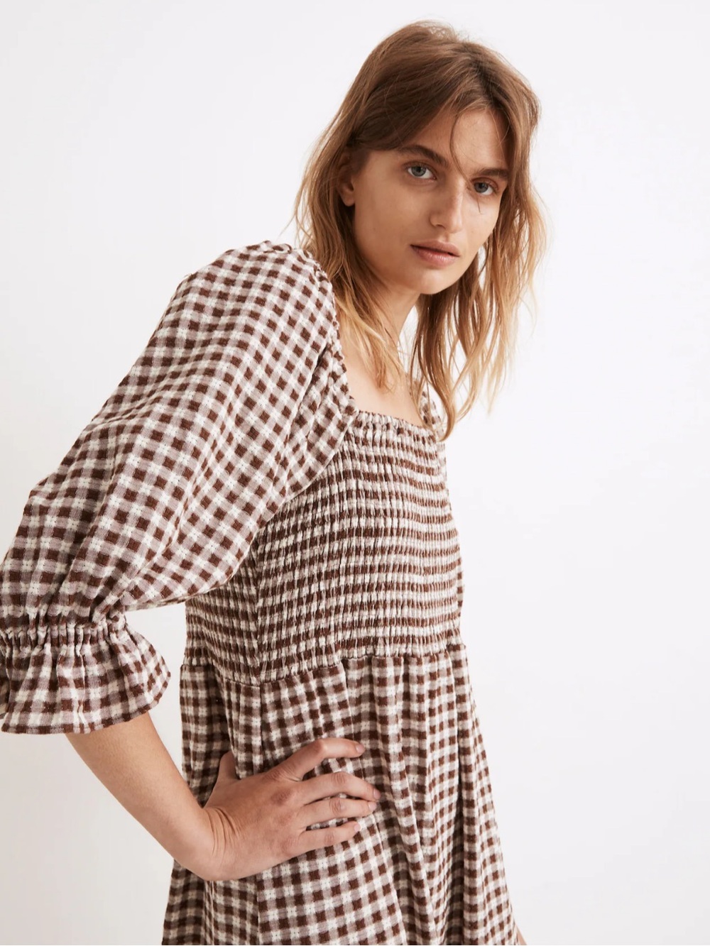 Madewell Lucie Brown Gingham Ruffle Sleeve Midi Dress Size Medium - Picture 3 of 8